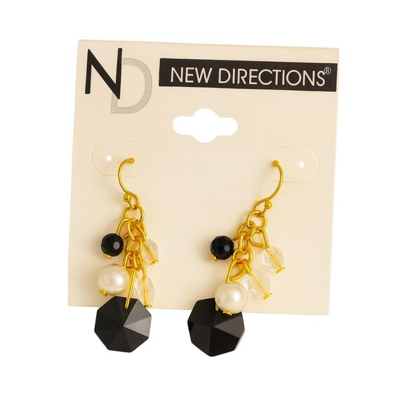 NWT New Directions Gold Tone Dangle Earrings Black Faux Pearl Crystal Beads 1.5" - Picture 2 of 3